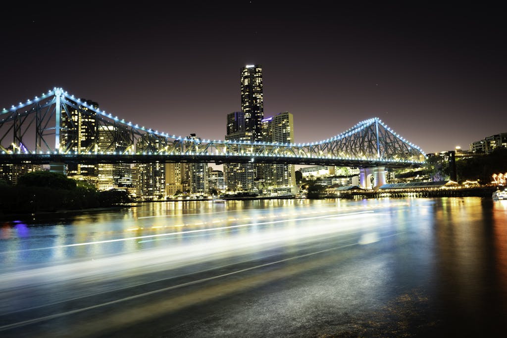 A long exposure photograph of a bridge over the river